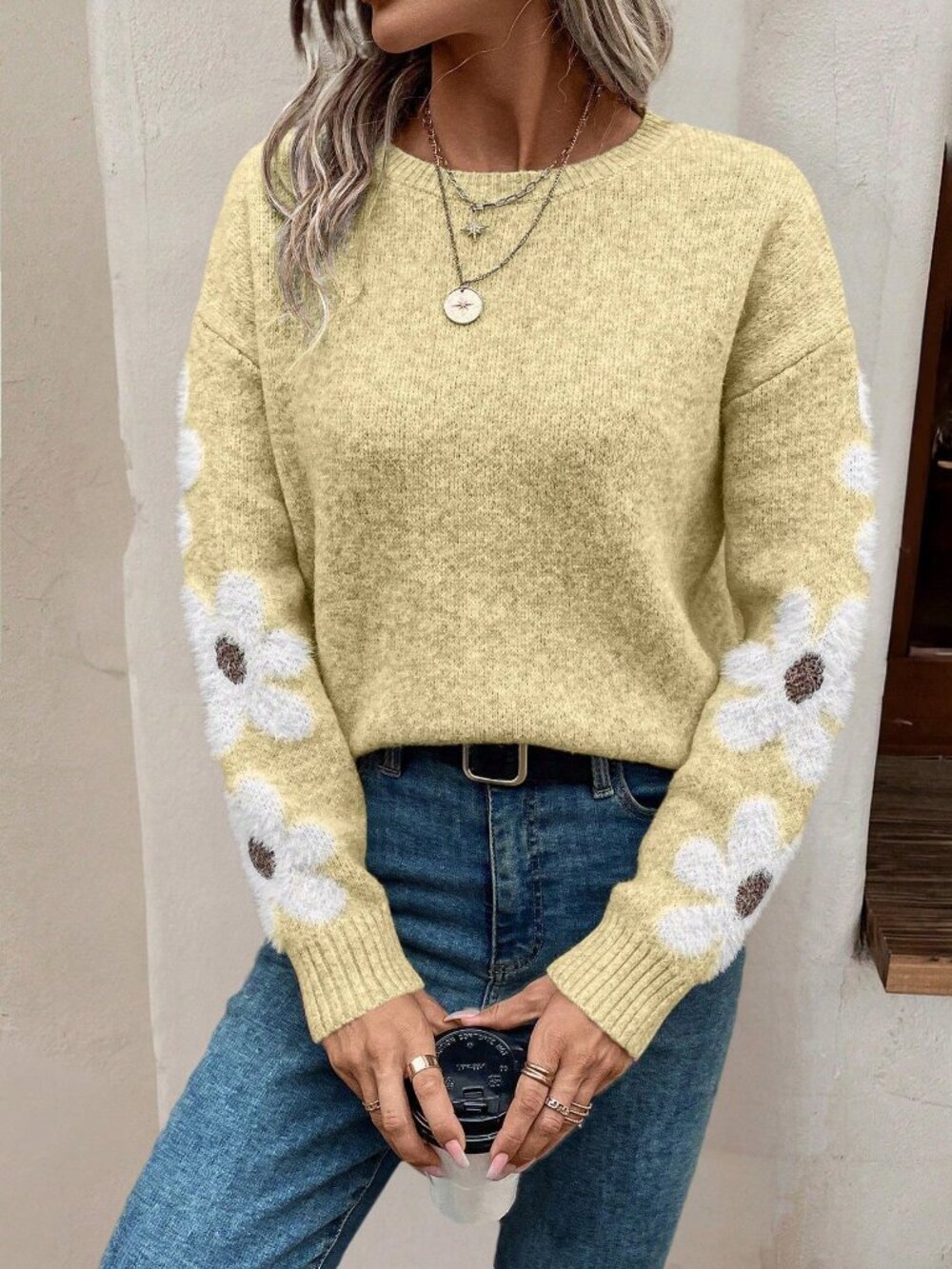 Apricot Women's Casual Floral Pattern Crew Neck Long Sleeve Pullover Sweater - Picture 4 of 6